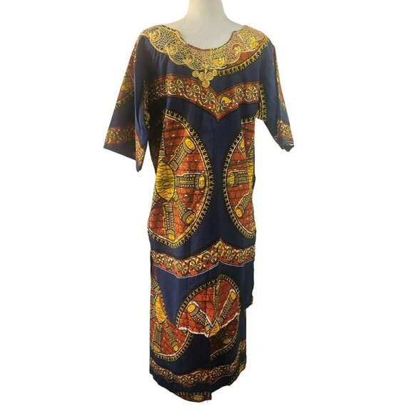 Handmade Y2K African 2-Pc Set Women Sz M/L Embroidery Ankara Tunic + Midi Skirt - Picture 3 of 9